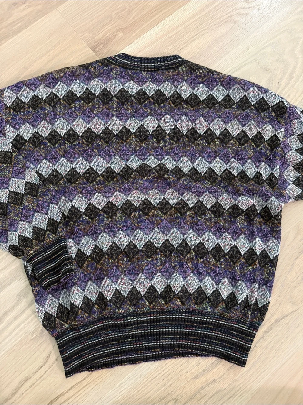 Vintage 90s Mondo di Marco Italy Geometric Diamond Knit Sweater Purple Blue